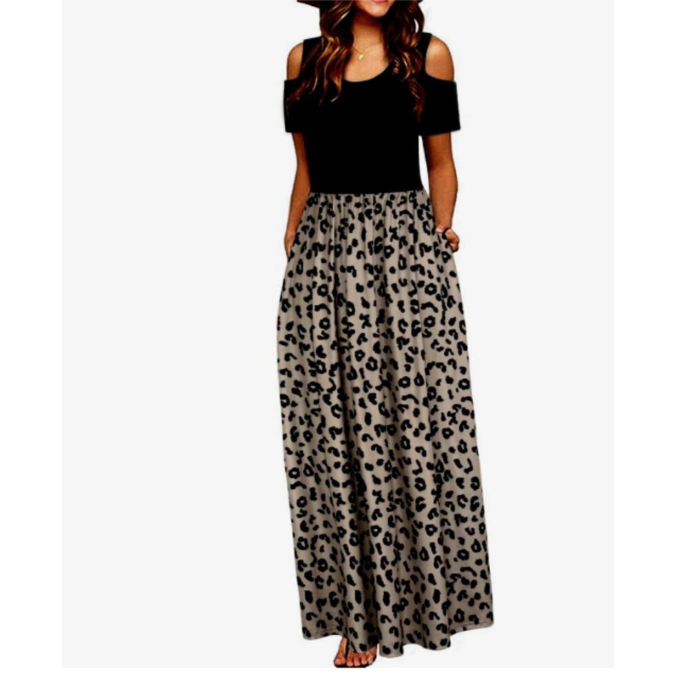 Styleword Cold Shoulder Leopard Print Skirt Round Neck Maxi Dress Size Large